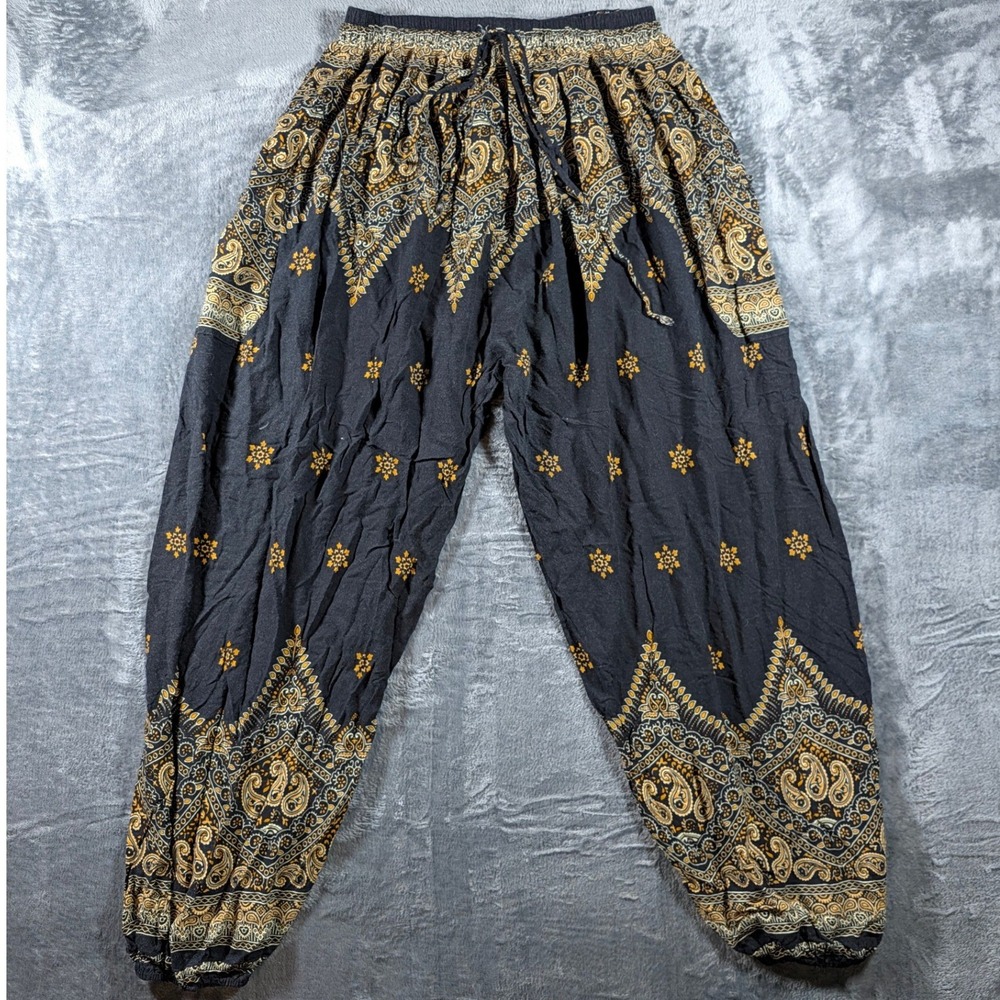 Lannaclothesdesign Black Gold Paisley Rayon Harem Pants XXL Boho Jogger Thailand